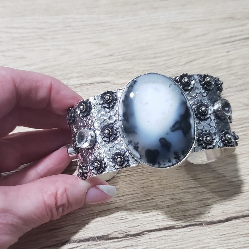 Opal bracelet, dendritic opal, 925 silver, cuff opal bracelet - Picture 2 of 13